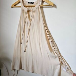 EUC DOE & RAE CREAM HALTER NECK LONG LINE SLEEVELESS TOP LACED SIDES SIZE L